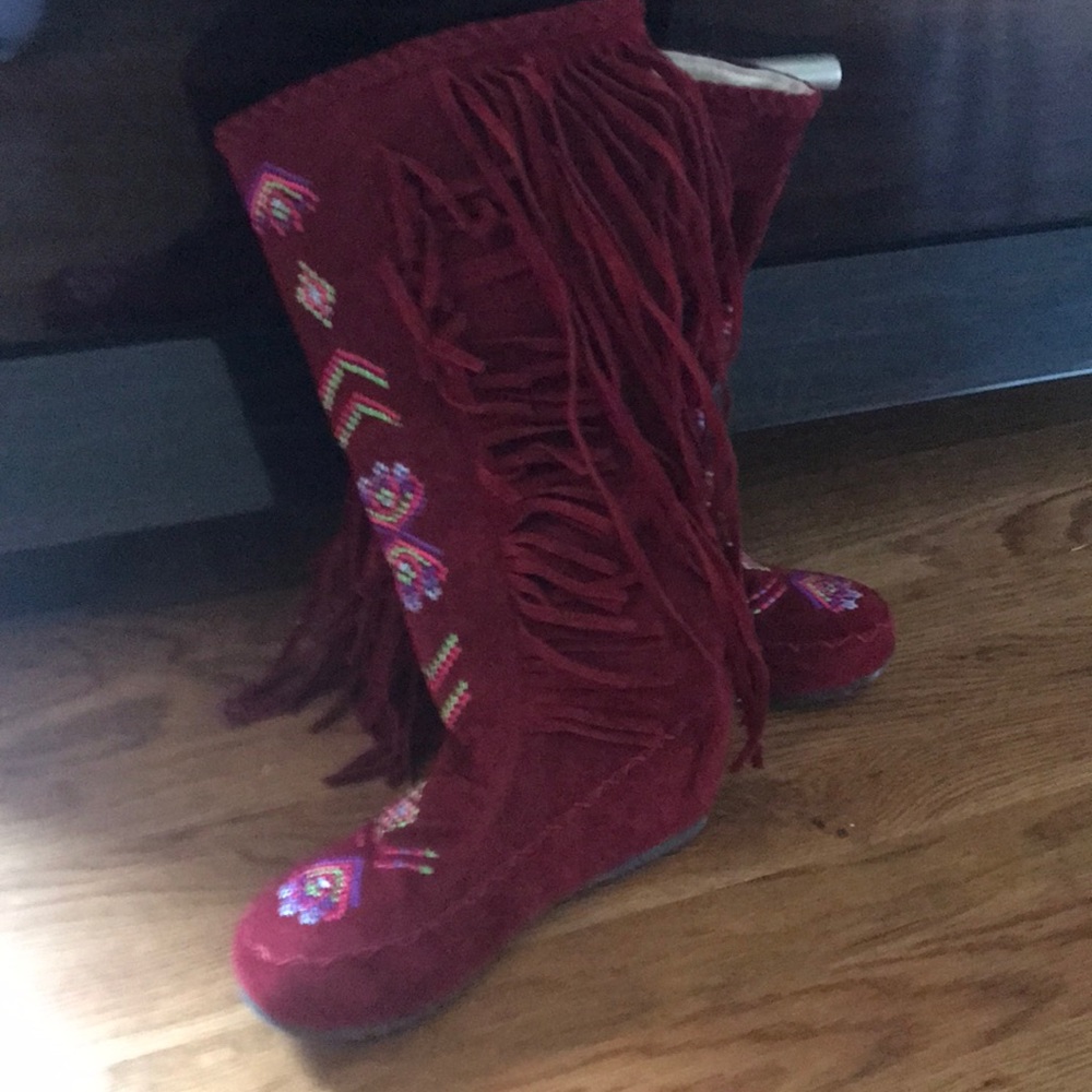 Faux suede beaded moccasin boots
